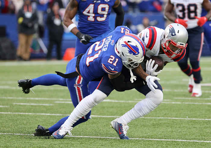 Bills safety Jordan Poyer makes a tackle against the New England Patriots.